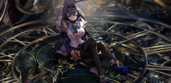 Rule 34 | 1girl, absurdres, asymmetrical legwear, black pantyhose, black thighhighs, blue eyes, blue hair, bow, breasts, chain, cleavage, clockwork, frown, gears, gem, hair intakes, hair ornament, hairband, heart, highres, hololive, hololive english, large breasts, ouro kronii, ouro kronii (1st costume), pantyhose, sitting, skindentation, solo, thighhighs, virtual youtuber, vyragami