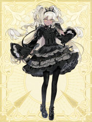Rule 34 | alexandra lieven, black dress, black footwear, black gloves, black hairband, black pantyhose, blonde hair, chain paradox, dark-skinned female, dark skin, dress, frilled dress, frills, full body, gloves, gothic lolita, hairband, highres, lolita fashion, long hair, long sleeves, looking at viewer, mp cookie, open mouth, pantyhose, solo, standing, two side up, very long hair, yellow background, yellow eyes