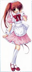Rule 34 | 1girl, :d, absurdres, amane sou, blue eyes, brown hair, dress, full body, hair ribbon, highres, maid, maid headdress, mary janes, momose mio, open mouth, pastel (game), puffy short sleeves, puffy sleeves, red footwear, ribbon, shoes, short sleeves, side ponytail, simple background, smile, socks, solo, waitress, white socks, wrist cuffs