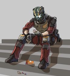 Rule 34 | 1boy, assault visor, black footwear, bodysuit, boots, bulletproof vest, commentary, english commentary, facing down, fingerless gloves, gloves, grey gloves, highres, holding pill, jack cooper, knee pads, male focus, pill bottle, pilot (titanfall 2), red bodysuit, shadow, sitting, solo, stairs, titanfall (series), titanfall 2, xander maxwell