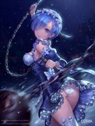 Rule 34 | 10s, 1girl, :o, action, apron, arm up, artist name, artstation username, ass, black ribbon, black skirt, blue eyes, blue hair, breasts, chain, collar, cowboy shot, detached collar, detached sleeves, dress, eyelashes, facebook username, flail, flower, forest, frilled collar, frilled dress, frilled skirt, frilled sleeves, frilled thighhighs, frills, glowing, glowing eyes, hair flower, hair ornament, hair over one eye, hair ribbon, hand up, hands up, highres, holding, holding weapon, juliet sleeves, legs together, long sleeves, looking at viewer, maid, maid headdress, medium breasts, monster, morning star, nature, night, night sky, open mouth, outdoors, ozma, panties, pantyshot, puffy sleeves, re:zero kara hajimeru isekai seikatsu, red eyes, rem (re:zero), ribbon, ribbon-trimmed legwear, ribbon-trimmed sleeves, ribbon trim, skirt, sky, solo, standing, star (sky), starry sky, thighhighs, tree, underbust, underwear, upskirt, waist apron, weapon, white panties, white thighhighs, wide sleeves, wings, x hair ornament