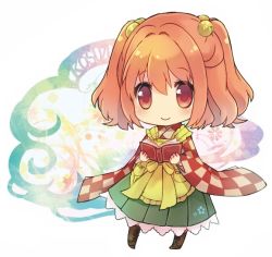 Rule 34 | 1girl, apron, bell, book, checkered clothes, checkered kimono, chibi, hair bell, hair ornament, japanese clothes, kimono, motoori kosuzu, red eyes, red hair, sen1986, short hair, smile, solo, touhou, twintails, two side up, wide sleeves