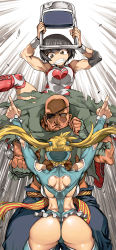 Rule 34 | 1boy, 2girls, arms up, ass, back, back cutout, backboob, bald, black hair, bob cut, breasts, chair, clenched teeth, cloak, clothing cutout, eyepatch, folding chair, from behind, heart cutout, highres, leotard, looking at another, multiple girls, outstretched arms, pointing, pointing up, rainbow mika, sagat, street fighter, street fighter v, teeth, twintails, white eyes, wrestling outfit, yamato nadeshiko (street fighter), ysk!