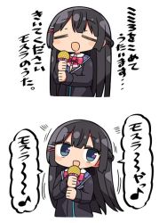 Rule 34 | 1girl, :d, black hair, black jacket, blazer, blue eyes, blush, bow, bowtie, closed eyes, collared shirt, comic, commentary request, holding, holding microphone, jacket, kanikama, long hair, long sleeves, looking at viewer, microphone, music, nijisanji, open mouth, pink neckwear, shirt, simple background, singing, smile, translation request, tsukino mito, tsukino mito (1st costume), two-handed, very long hair, virtual youtuber, white background, white shirt