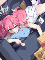 Rule 34 | 1boy, 1girl, absurdres, ahoge, doodle sensei (blue archive), bag of chips, blue archive, blush, chips (food), couch, dress, food, green eyes, hair ornament, heart, highres, holding, holding food, horns, looking at viewer, lying, momoka (blue archive), on stomach, open mouth, pillow, pink hair, plentyofempty, potato chips, sensei (blue archive), sharp teeth, short dress, sleeveless, sleeveless dress, smile, spoken character, tail, teeth, twintails, upper teeth only, white dress