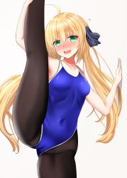 Rule 34 | 1girl, absurdres, ahoge, alternate costume, artoria caster (fate), artoria pendragon (fate), black pantyhose, black ribbon, blonde hair, blue one-piece swimsuit, blush, breasts, collarbone, competition swimsuit, cowboy shot, fate/grand order, fate (series), green eyes, hair ribbon, hibika, highres, leg lift, leg up, long hair, nose blush, one-piece swimsuit, pantyhose, pantyhose under swimsuit, ribbon, small breasts, solo, split, standing, standing on one leg, standing split, swimsuit, twintails