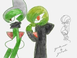 Rule 34 | 1boy, 1girl, alternate hair color, ame (metorui), arm at side, black cloak, black scarf, bob cut, character name, cloak, closed mouth, clothed pokemon, colored skin, cowboy shot, creatures (company), english text, flat chest, from side, gallade, game freak, gardevoir, gen 3 pokemon, gen 4 pokemon, green hair, green outline, green skin, grey background, grey hair, hair over one eye, hand to own mouth, hand up, happy, highres, hood, hood down, hooded cloak, long sleeves, looking at viewer, mohawk, multicolored hair, multicolored skin, multiple views, nintendo, one eye covered, outline, partially colored, pokemon, pokemon (creature), profile, red eyes, scarf, short hair, simple background, smile, standing, two-tone hair, two-tone skin, white skin