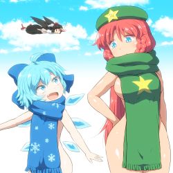 Rule 34 | 3girls, :d, ahoge, arm at side, black hair, blue bow, blue eyes, blue hair, blue scarf, blue sky, bow, braid, breasts, cirno, closed mouth, cloud, commentary request, day, fang, flying, geta, green scarf, hair between eyes, hair bow, hand on own hip, hat, hip focus, hong meiling, ice, ice wings, long hair, looking at another, multiple girls, naked scarf, nude, open mouth, outstretched arms, red hair, scarf, shameimaru aya, shirosato, short hair, sideboob, sky, slit pupils, smile, snowflake print, star (symbol), ^^^, tengu-geta, touhou, twin braids, very long hair, wings, | |