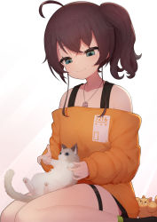 Rule 34 | 1girl, absurdres, ahoge, animal, animal on lap, bare shoulders, blue eyes, brown hair, cat, cat on lap, closed mouth, crossed bangs, ebi frion (natsuiro matsuri), highres, hololive, long sleeves, looking at animal, lunch boxer, natsuiro matsuri, natsuiro matsuri (gaming casual), off-shoulder sweater, off shoulder, on lap, orange sweater, side ponytail, sitting, smile, solo, sweater, thigh strap, virtual youtuber, wariza