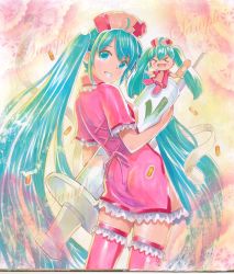 Rule 34 | 1girl, ahoge, aqua eyes, aqua hair, bandaid, character doll, cosplay, frilled thighhighs, frills, hatsune miku, koiiro byoutou (vocaloid), large syringe, long hair, looking at viewer, looking back, mayo riyo, mini person, minigirl, nurse, oversized object, pill, pink thighhighs, sample watermark, smile, solo, syringe, thighhighs, traditional media, twintails, very long hair, vocaloid, watermark