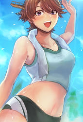 Rule 34 | 1girl, absurdres, alternate costume, blue sky, brown hair, buruma, cloud, commentary request, commission, flipped hair, green buruma, green tank top, grey eyes, hagioshi, hairband, headgear, hiei (kancolle), highres, kantai collection, looking at viewer, midriff, short hair, skeb commission, sky, smile, solo, tank top, upper body