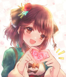 Rule 34 | 1girl, :d, atelier (series), atelier sophie, atelier sophie 2, blue coat, blush, breasts, brown eyes, coat, collared coat, hair ornament, heart, heart hands, jewelry, koron (tkhsrui), long sleeves, looking at viewer, medium breasts, necklace, open mouth, portrait, red hair, short hair, smile, solo, sophie neuenmuller, wide sleeves