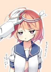 Rule 34 | 10s, 1girl, :t, admiral (kancolle), amakara surume, bad id, bad twitter id, blush, brown hair, gloves, hair ornament, hand on another&#039;s head, i-58 (kancolle), kantai collection, pout, red eyes, school swimsuit, school uniform, serafuku, short hair, swimsuit, translation request