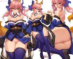 Rule 34 | 1girl, animal ear fluff, animal ears, ass, backless outfit, bare shoulders, breasts, cleft of venus, detached collar, fate/extra, fate (series), fox ears, fox girl, fox shadow puppet, fox tail, hair between eyes, highres, iwbitu, large breasts, long hair, looking at viewer, multiple views, no panties, obi, panties, pelvic curtain, pink hair, purple thighhighs, pussy, sash, shoulder blades, simple background, smile, string panties, tail, tamamo (fate), tamamo no mae (fate/extra), thighhighs, thighs, thong, twintails, twitter username, uncensored, underwear, white background, yellow eyes