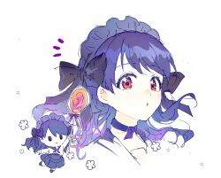 Rule 34 | 1girl, :o, black bow, blue hair, blue hairband, blush, bow, character request, chibi, chibi inset, choker, copyright request, cropped head, hair bow, hairband, highres, long hair, looking at viewer, multiple views, open mouth, purple choker, qinglai haiji, red eyes, sidelocks, simple background, white background