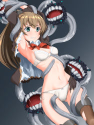 Rule 34 | 1girl, abyssal ship, aqua eyes, armpits, arms up, blazer, blush, bound, bound arms, bound wrists, bow, bow bra, bowtie, bra, breasts, brown hair, brown jacket, brown thighhighs, clenched teeth, commentary request, commission, cowboy shot, enemy naval mine (kancolle), frilled bra, frills, green eyes, hair between eyes, highres, imminent rape, jacket, kantai collection, koutarou (plusdrive), kumano (kancolle), kumano kai ni (kancolle), long hair, long sleeves, medium breasts, navel, panties, ponytail, red bow, red bowtie, restrained, saliva, school uniform, side-tie panties, skeb commission, skirt, small breasts, teeth, tentacles, tentacles under clothes, thighhighs, torn clothes, torn jacket, underwear, white bra, white panties