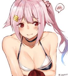 Rule 34 | 1girl, bad id, bad twitter id, blush, breasts, closed mouth, embarrassed, hair ornament, hairclip, harusame (kancolle), inusaka, kantai collection, large breasts, long hair, looking at viewer, multicolored clothes, multicolored swimsuit, one-hour drawing challenge, pink hair, ponytail, red eyes, simple background, solo, spoken blush, swimsuit, white background