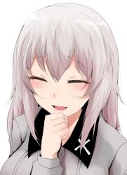Rule 34 | 10s, 1girl, blush, closed eyes, commentary request, eyebrows, girls und panzer, grey hair, han (jackpot), hand on own chin, itsumi erika, jacket, military, military uniform, open mouth, sidelocks, simple background, smile, solo, uniform, upper body, white background