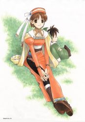 Rule 34 | 1990s (style), 1boy, 1girl, age difference, alchemist, atelier (series), atelier elie, back-to-back, belt, belt pouch, black pantyhose, boots, bridal gauntlets, brown eyes, brown hair, brown pantyhose, cape, child, closed eyes, dress, earrings, elfir traum, flat chest, grass, gust, halterneck, hat, highres, jewelry, knee boots, leggings, official art, on ground, open mouth, orange dress, orange hat, orange shirt, outdoors, own hands clasped, own hands together, pantyhose, parted bangs, pendant, pouch, retro artstyle, ribbon, robe, scan, shirt, short hair, side slit, sitting, sleeping, spandex, spiked hair, star (symbol), tecmo, turtleneck, wide sleeves, yamagata isaemon, yousei (atelier elie)