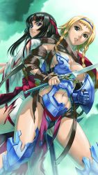 Rule 34 | 2girls, armor, armored boots, back, back-to-back, belt, black hair, black panties, blonde hair, blue eyes, blue sky, boots, braid, breastplate, breasts, buckle, cleavage, eiwa, exiled warrior leina, gauntlets, greaves, hairband, hakama, hakama skirt, headband, highres, holding, holding sword, holding weapon, japanese clothes, katana, large breasts, leina (queen&#039;s blade), leina (queen's blade), long hair, long sleeves, looking at viewer, low-tied long hair, miko, multiple girls, musha miko tomoe, navel, official art, panties, queen&#039;s blade, queen&#039;s blade white triangle, red hakama, red headband, shield, short hair, sidelocks, simple background, skirt, sky, sword, thighs, tomoe (queen&#039;s blade), tomoe (queen's blade), torn clothes, twin braids, underwear, weapon