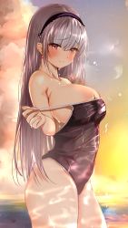 Rule 34 | 1girl, absurdres, azur lane, bare shoulders, black one-piece swimsuit, blush, breasts, closed mouth, clothes pull, cloud, cloudy sky, collarbone, dido (azur lane), earrings, feet out of frame, from side, grey hair, hairband, heart, heart earrings, highres, jewelry, large breasts, long hair, looking at viewer, looking to the side, nail polish, one-piece swimsuit, one-piece swimsuit pull, pulling own clothes, purple eyes, raru (nanaharararu), school swimsuit, sideboob, sky, smile, solo, standing, strap pull, swimsuit, very long hair, wet, wet clothes, wet swimsuit