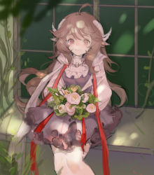 Rule 34 | 1girl, absurdres, ahoge, animal ears, arknights, blurry, blurry foreground, bouquet, brown eyes, brown hair, closed mouth, commentary request, depth of field, dress, eyjafjalla (arknights), feet out of frame, fengyin shici guozi, flower, grey dress, highres, holding, holding bouquet, horns, long hair, looking at viewer, pink flower, puffy short sleeves, puffy sleeves, sheep ears, sheep girl, sheep horns, shirt, short sleeves, sitting, smile, solo, thighhighs, very long hair, white flower, white shirt, white thighhighs, window