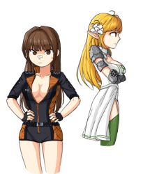 Rule 34 | 00s, 2girls, blonde hair, bodysuit, breasts, brown eyes, brown hair, cleavage, dungeon and fighter, female fighter (dungeon and fighter), hands on own hips, knight (dungeon and fighter), large breasts, long hair, looking at viewer, multiple girls, pointy ears, simple background, tagme, white background