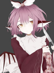 Rule 34 | 1girl, animal ears, bird ears, chinese commentary, closed mouth, commentary request, eyebrows hidden by hair, gas wf, grey background, guro, highres, holding, holding knife, holding organ, intestines, knife, long sleeves, mystia lorelei, pink hair, red shirt, shirt, short hair, simple background, solo, touhou, upper body, wide sleeves, wings