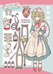Rule 34 | 1girl, absurdres, apron, armband, bandages, bandaid, blood, blood bag, blue background, blue dress, bottle, bow, bowtie, braid, braided ponytail, commentary, crutch, dated commentary, dress, english text, full body, green hair, hat, heart (organ), highres, key, long hair, long sleeves, looking at viewer, low ponytail, maid, medicine bottle, meremero, nurse, nurse cap, original, pantyhose, pill, pink bow, pink bowtie, pink footwear, scalpel, sleeve cuffs, solo, spoon, stethoscope, strappy heels, syringe, very long hair, white apron, white pantyhose