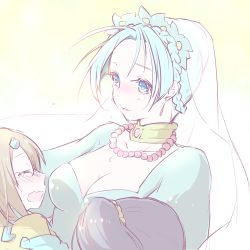 Rule 34 | 1boy, 2girls, aqua hair, black hair, blue eyes, blush, braid, breasts, brown hair, choker, cleavage, crying, dress, closed eyes, flower, grune (tales), hair ornament, jay (tales), jewelry, multiple girls, necklace, norma beatty, open mouth, short hair, side ponytail, tales of (series), tales of legendia, tears, veil