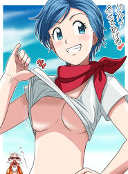 Rule 34 | 10s, 1boy, 1girl, bald, beard, blood, blue eyes, blue hair, blush, breasts, bulma, clothes lift, dragon ball, dragon ball super, earrings, facial hair, grin, hand on own hip, heart, jewelry, lifted by self, medium breasts, mature female, muten roushi, no bra, nosebleed, old, old man, open mouth, scarf, shirt lift, short hair, smile, sunglasses, takaya n, text focus, translated, underboob