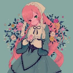 Rule 34 | 1girl, bad id, bad twitter id, black ribbon, blue background, blush, classic lolita, closed mouth, cowboy shot, dress, flower, frills, green dress, green eyes, hairband, heterochromia, highres, holding hands, interlocked fingers, lolita fashion, long hair, long sleeves, looking at viewer, maumauma mau, own hands together, plant, red eyes, ribbon, rozen maiden, solo, suiseiseki, vines