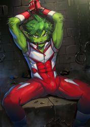 Rule 34 | 1boy, abs, arms up, bdsm, beast boy (dc), bit gag, blush, bodysuit, bondage, bound, bulge, chain, crotch, dc comics, dungeon, fingerless gloves, furry, furry male, gag, gagged, gloves, highres, looking at viewer, male focus, restrained, sitting, skin tight, sleeveless, solo, teen titans, yaoi
