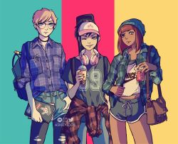 Rule 34 | 1other, 2girls, androgynous, artist name, ashleyloob, backpack, bag, baseball cap, beanie, black hair, blue eyes, blunt bangs, brown eyes, bubble tea, choker, clothes around waist, coca-cola, denim, dolphin shorts, flannel, glasses, guitar case, hat, headphones, headphones around neck, instagram username, instrument case, jacket, jacket around waist, md5 mismatch, multiple girls, notebook, one eye closed, open clothes, open jacket, original, patreon username, pen in pocket, plaid, plaid shirt, ponytail, red hair, resolution mismatch, shirt, short hair, shorts, shoulder bag, soda, source larger, sticker, tan, torn clothes, torn legwear, twitter username