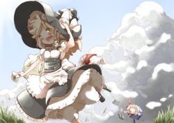 Rule 34 | 2girls, ;d, alice margatroid, bad id, bad pixiv id, blonde hair, bloomers, blush, book, bow, chasing, closed eyes, falling, fang, female focus, hand on headwear, hat, hat bow, kirisame marisa, long hair, looking at viewer, multiple girls, one eye closed, open mouth, sack, short hair, shunsuke, smile, touhou, tripping, underwear, wink, witch hat, yellow eyes