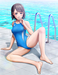Rule 34 | 1girl, arena (company), barefoot, black hair, blue eyes, blue one-piece swimsuit, commentary request, competition swimsuit, covered erect nipples, covering own mouth, full body, highres, kisugizumi, logo, one-piece swimsuit, original, pool, pool ladder, poolside, short hair, sitting, solo, spread legs, striped clothes, striped one-piece swimsuit, swimsuit, water