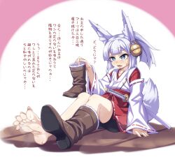 Rule 34 | 1girl, animal ear fluff, animal ears, barefoot, bell, bike shorts, black shorts, blue eyes, blush, boots, brown footwear, commentary, earrings, english commentary, fang, feet, foot focus, fox ears, fox tail, full body, hakama, hakama short skirt, hakama skirt, highres, holding, holding boots, holding clothes, holding footwear, japanese clothes, jewelry, jingle bell, jingle bell earrings, katana, kimono, kyuutou (kyuutouryuu), legs, lolibaba, medium hair, miko, mixed-language commentary, no socks, open mouth, original, pink background, red hakama, ribbon-trimmed hakama, ribbon-trimmed sleeves, ribbon trim, sharp toenails, sheath, sheathed, shoe soles, shorts, simple background, single barefoot, single boot, single earring, sitting, skin fang, skirt, smoking pipe, soles, steam, sweat, sweatdrop, sword, tail, thick eyebrows, toenails, toes, translated, two-tone background, unworn boots, weapon, white background, white hair, white kimono, wooden floor