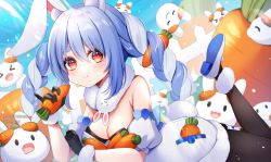 Rule 34 | 1girl, :t, animal ears, bare shoulders, black gloves, black leotard, black pantyhose, blue hair, blush, braid, breasts, carrot, carrot hair ornament, chewing, clothing cutout, coat, coat dress, detached sleeves, dress, eating, eneru (enepuni), food-themed hair ornament, fur-trimmed gloves, fur scarf, fur trim, gloves, hair between eyes, hair ornament, highres, hololive, leotard, leotard under clothes, long hair, lying, medium breasts, multicolored hair, on stomach, pantyhose, pekomon (usada pekora), puffy detached sleeves, puffy short sleeves, puffy sleeves, rabbit-shaped pupils, rabbit ears, rabbit girl, rabbit tail, red eyes, scarf, short sleeves, sidelocks, solo, strapless, strapless coat, strapless dress, strapless leotard, swept bangs, symbol-shaped pupils, tail, tail through clothes, thick eyebrows, twin braids, twintails, two-tone hair, usada pekora, usada pekora (1st costume), virtual youtuber, white coat, white hair, white scarf, white sleeves