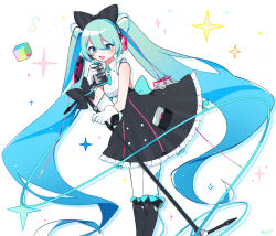 Rule 34 | 1girl, aqua eyes, aqua hair, argyle, bare shoulders, black bow, black footwear, black skirt, boots, bow, cable, commentary, cowboy shot, cube, eighth note, frilled skirt, frills, gloves, hair bow, hatsune miku, headphones, highres, holding, holding microphone, holding microphone stand, hoop skirt, knee boots, leaning forward, long hair, magical mirai (vocaloid), magical mirai miku, magical mirai miku (2016), microphone, microphone stand, monitaros 393, musical note, open mouth, shirt, skirt, sleeveless, sleeveless shirt, smile, solo, sparkle, twintails, very long hair, vocaloid, white background, white gloves, white legwear, white shirt