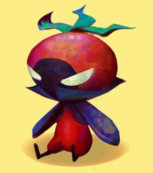 Rule 34 | blue jacket, chibi, commentary, creature, evil eyes, faux traditional media, food, fruit, full body, highres, jacket, leaf, looking at viewer, no humans, personification, shadow, simple background, sitting, solo, symbol-only commentary, tomato, yellow background, yuming li