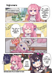 Rule 34 | 2girls, 4koma, ^ ^, absurdres, brown hair, closed eyes, comic, commentary, crying, dorothy (nikke), dreaming, dress, english commentary, english text, frilled dress, frills, goddess of victory: nikke, hair ornament, harran (nikke), head bump, highres, long hair, multiple girls, nightgown, official art, pink hair, pink nightgown, purple eyes, sitting, sleepwear, smile, speech bubble, tears, totatokeke, white dress