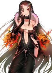 Rule 34 | 1girl, absurdres, bare hips, black choker, black dress, black gloves, breasts, brown hair, center opening, choker, collarbone, contrapposto, dress, earrings, fate/grand order, fate (series), finger to mouth, fire, fur-trimmed jacket, fur trim, gloves, highres, jacket, jewelry, kujuu shikuro, large breasts, long hair, looking at viewer, navel, revealing clothes, solo, strapless, strapless dress, stud earrings, very long hair, white background, yu mei-ren (fate)