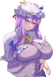 Rule 34 | 1girl, arm under breasts, bow, breasts, capelet, cropped torso, dress, hair bow, hand on own chest, hat, highres, large breasts, long hair, long sleeves, looking at viewer, mirufui, mob cap, patchouli knowledge, purple dress, purple eyes, purple hair, touhou, white background, white capelet, white headwear, wide sleeves