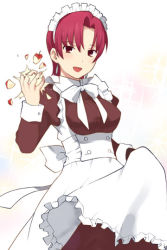 Rule 34 | 00s, 1girl, apple, apron, bazett fraga mcremitz, blush, breasts, crushing, earrings, fate/hollow ataraxia, fate/stay night, fate (series), food, fruit, jewelry, large breasts, maid, maid apron, red eyes, red hair, short hair, solo, takenashi eri