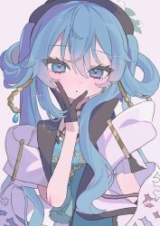 Rule 34 | 1girl, absurdres, black gloves, black hat, blue eyes, blue hair, blush, commentary, dress, flower, gloves, grey background, hair ornament, hair rings, hakudaku, half gloves, hat, hat flower, hatsune miku, highres, jewelry, long hair, looking at viewer, miku with you (vocaloid), parted lips, simple background, solo, sparkle, tassel, twintails, vocaloid