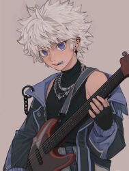 Rule 34 | 1boy, black shirt, blue eyes, child, commentary, earrings, english commentary, fingerless gloves, gloves, guitar, hoop earrings, hunter x hunter, ik18166181ik, instrument, jacket, jewelry, killua zoldyck, looking at viewer, male focus, messy hair, open clothes, open jacket, shirt, simple background, solo, upper body