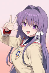 1girl blush breasts clannad fujibayashi_kyou hair_intakes hair_ribbon highres hikarizaka_private_high_school_uniform kiya_hajime long_hair open_mouth purple_eyes purple_hair ribbon school_uniform solo