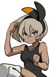 Rule 34 | 1girl, bare arms, bea (pokemon), black bodysuit, black hairband, bodysuit, bow hairband, breasts, clenched hands, closed mouth, collarbone, commentary request, creatures (company), echizen (n fns17), eyelashes, frown, game freak, grey eyes, grey hair, hair between eyes, hairband, highres, knee pads, leg up, medium breasts, nintendo, pokemon, pokemon swsh, short hair, simple background, solo, white background