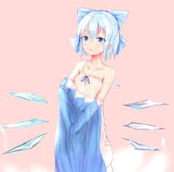 Rule 34 | 1girl, :o, blue bow, blue dress, blue eyes, blue hair, bow, camisole, cirno, collarbone, cowboy shot, dress, hair between eyes, hair bow, half updo, highres, large bow, looking away, lumo 1121, matching hair/eyes, pink background, short hair, simple background, sketch, solo, standing, strap slip, tareme, touhou, undershirt, undressing, wet, wet clothes, wings