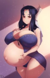 Rule 34 | 1girl, artist name, black hair, breasts, breasts apart, brown eyes, coffeeslice, female focus, forehead, forehead jewel, hand on own chest, hand on own stomach, hand up, headdress, highres, huge breasts, jewelry, kyonyuu fantasy, lace trim, light, light particles, lingerie, long hair, looking at viewer, mature female, mature female, navel, outie navel, pregnant, red eyes, roxanne de desir, skindentation, smile, solo, thick thighs, thighs, thong, underwear, wide hips